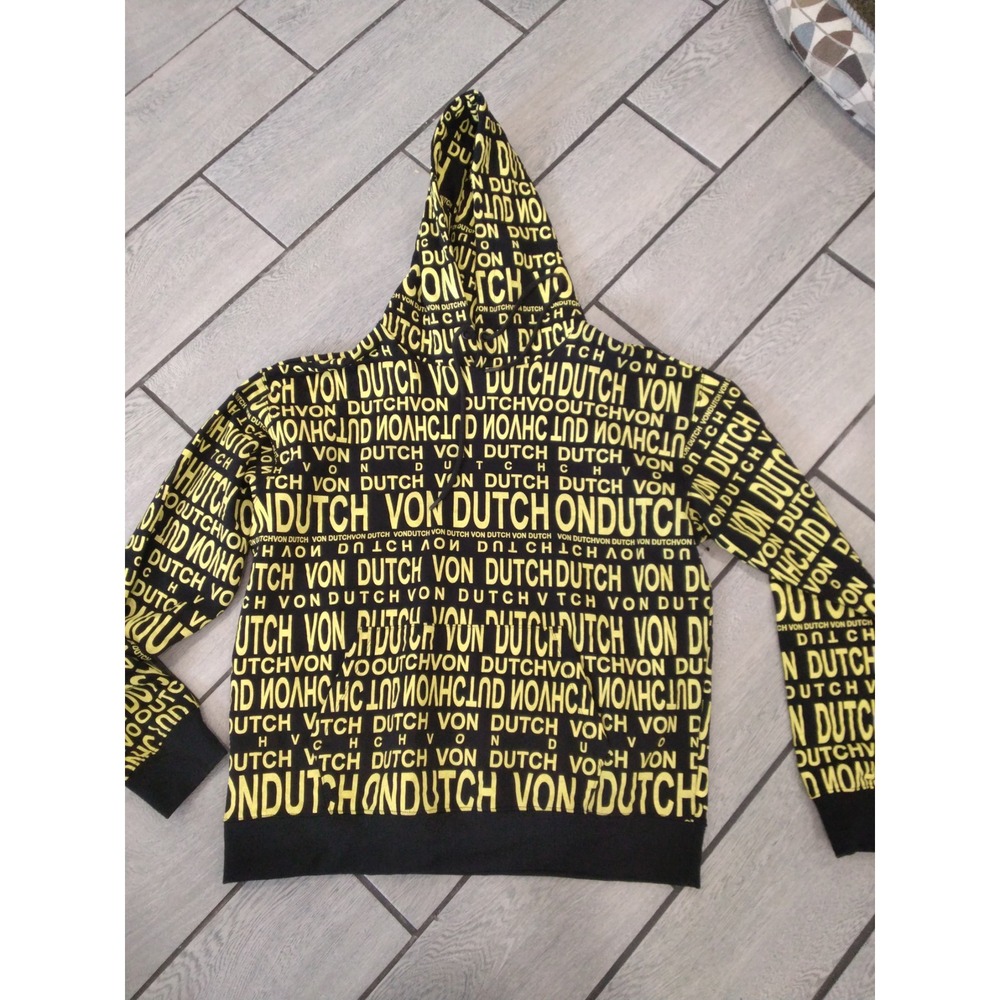 Von Dutch Paris Mens All Over Logo Print Hoodie Black Yellow Size L Sweatshirt